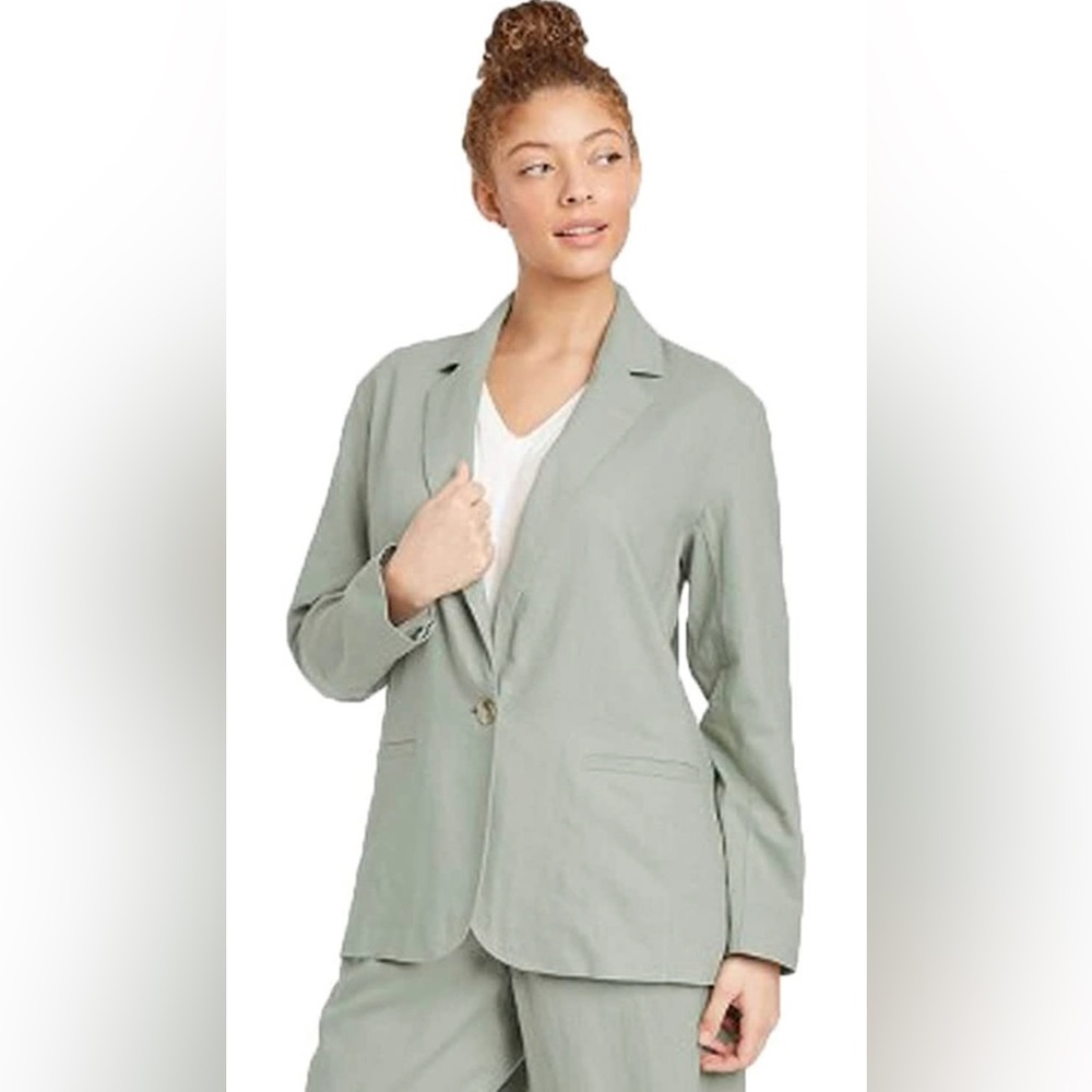 A New Day 1-Button Linen Blend Blazer Green Size L